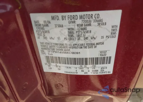 2006 Ford F150 Supercrew из США, поврежденный, VIN 1FTPW14V56KC58391